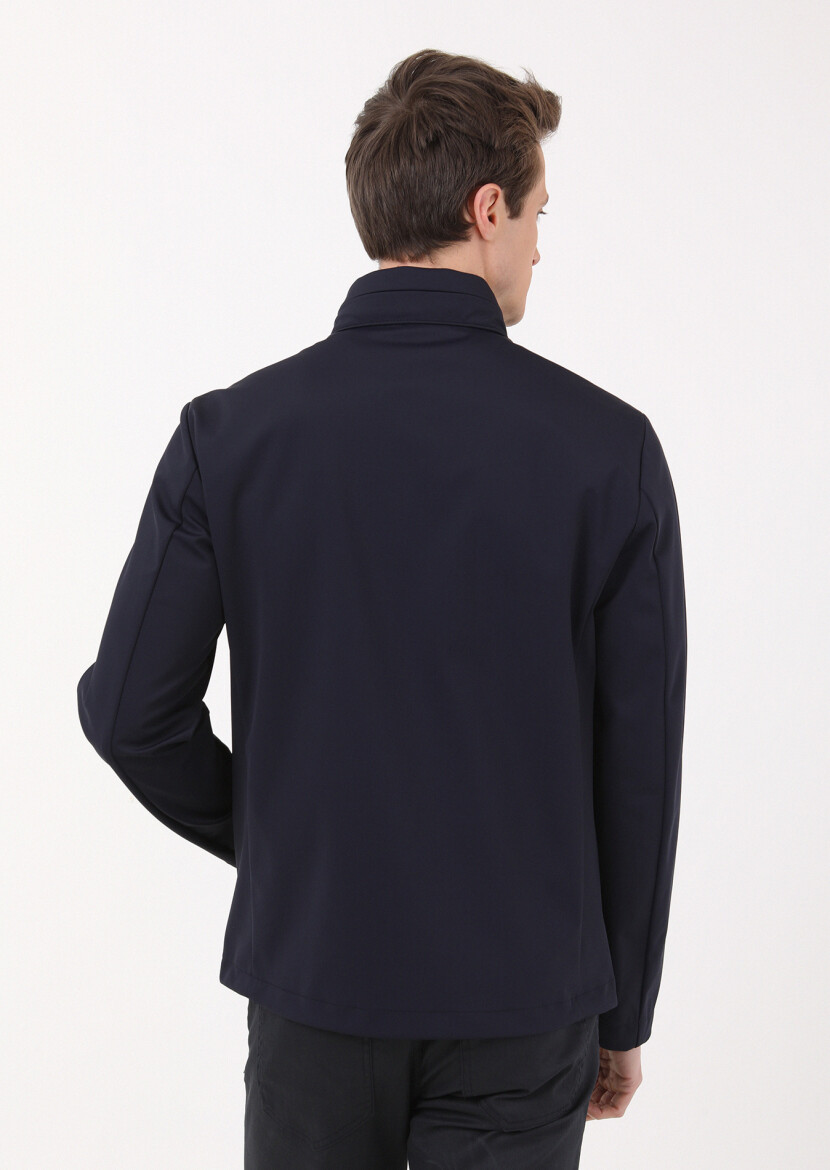 Navy Blue Regular Fit Turtleneck Casual Weaving Coat - 5