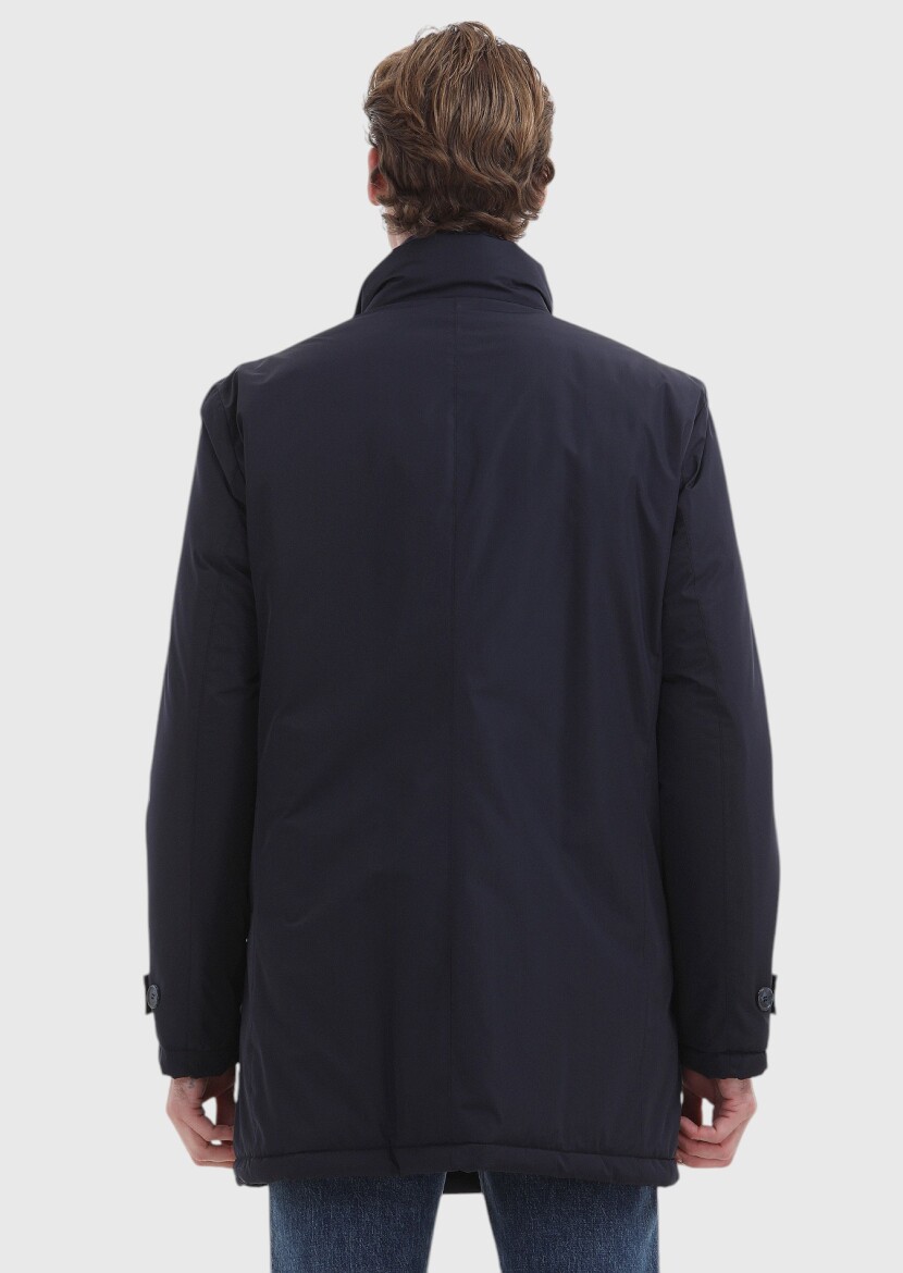 Navy Blue Regular Fit Turtleneck Casual Weaving Coat - 5