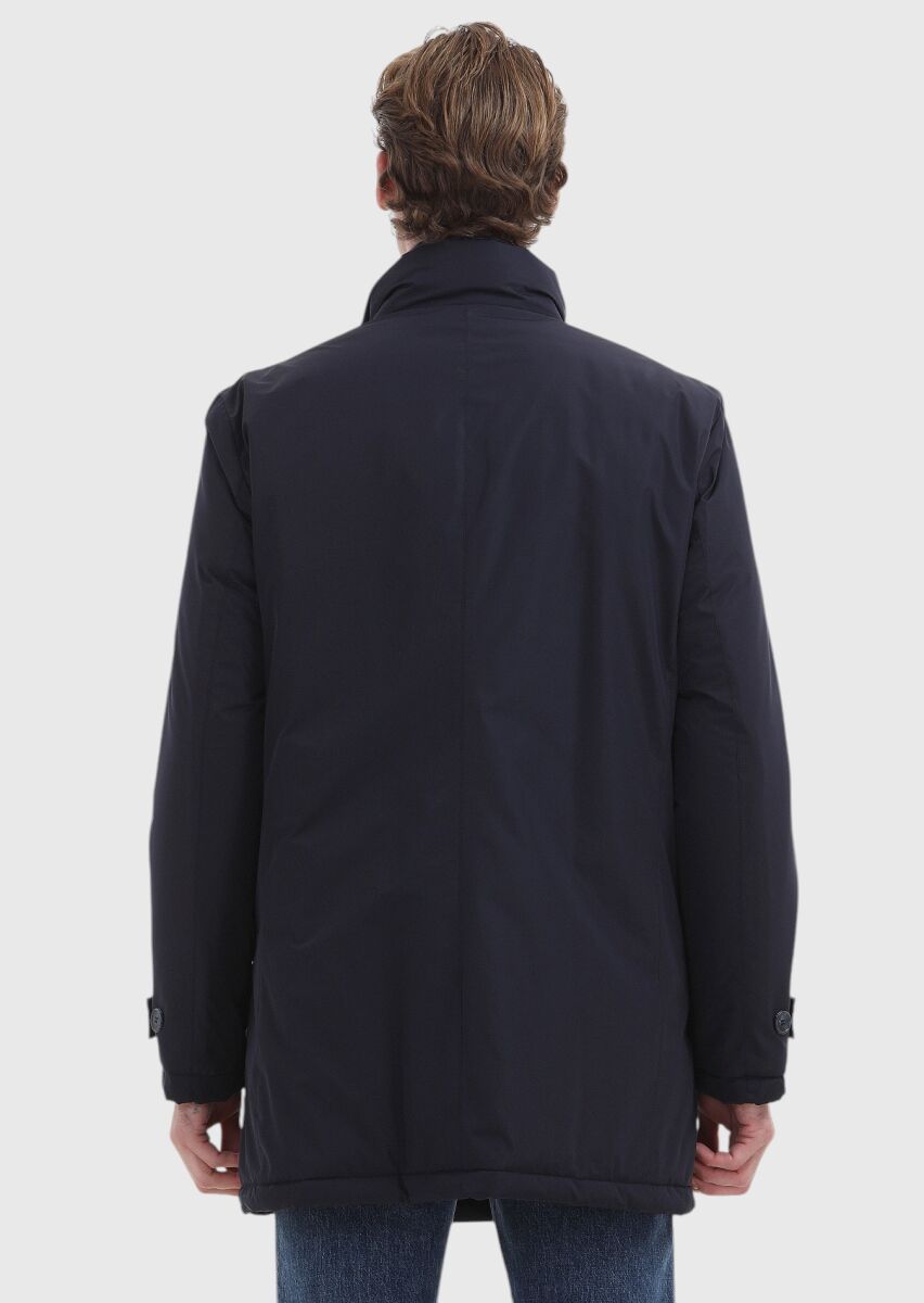 Navy Blue Regular Fit Turtleneck Casual Weaving Coat - 5