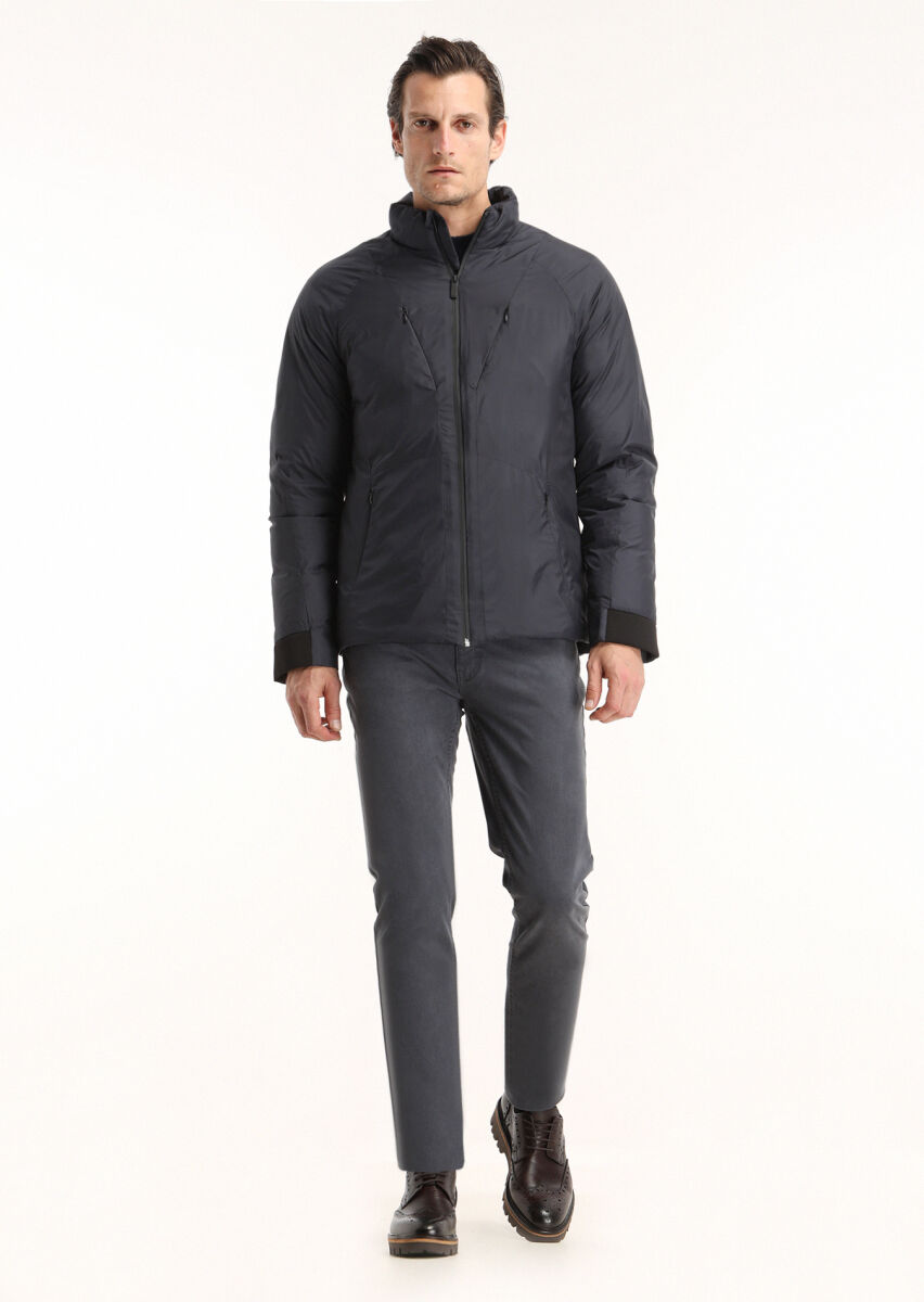 Navy Blue Regular Fit Turtleneck Casual Weaving Coat - 1