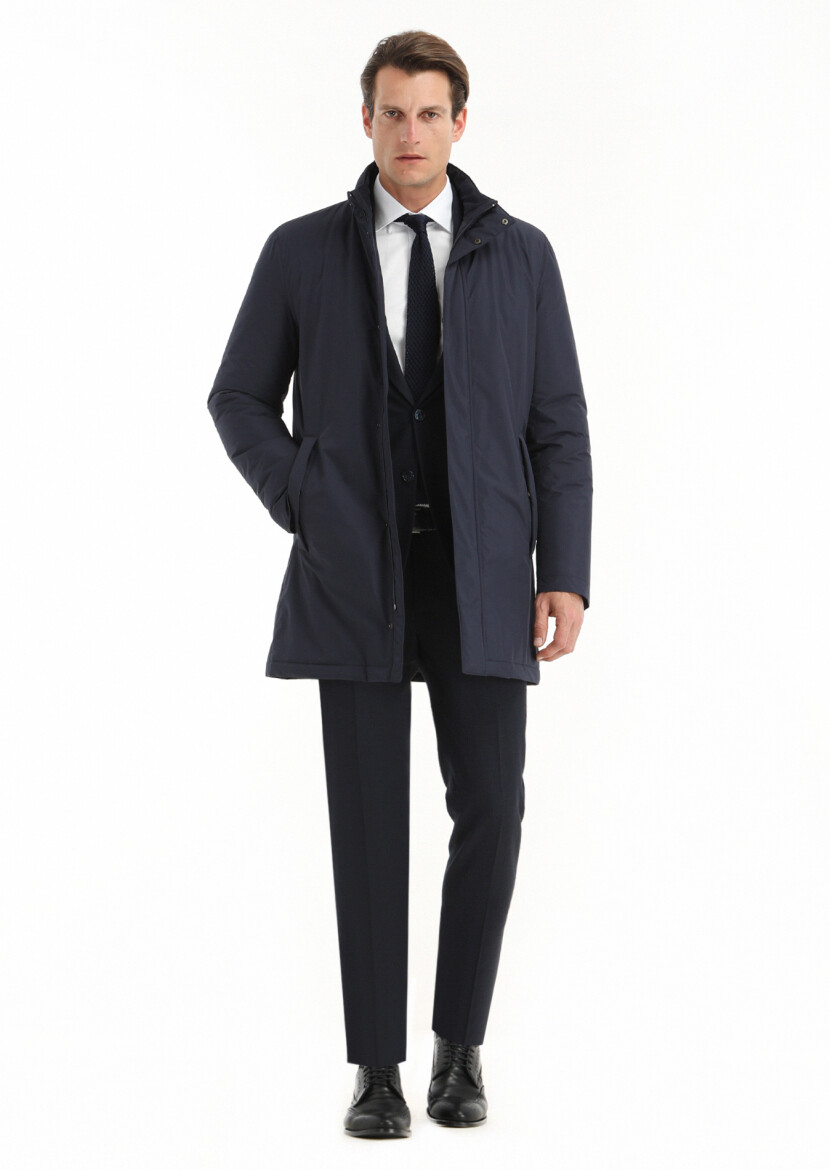 Navy Blue Regular Fit Turtleneck Casual Weaving Coat 