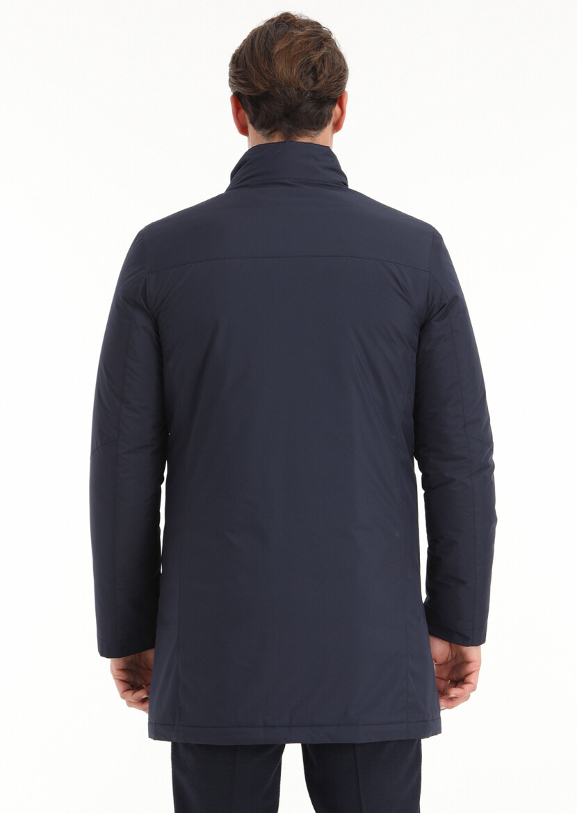 Navy Blue Regular Fit Turtleneck Casual Weaving Coat - 5