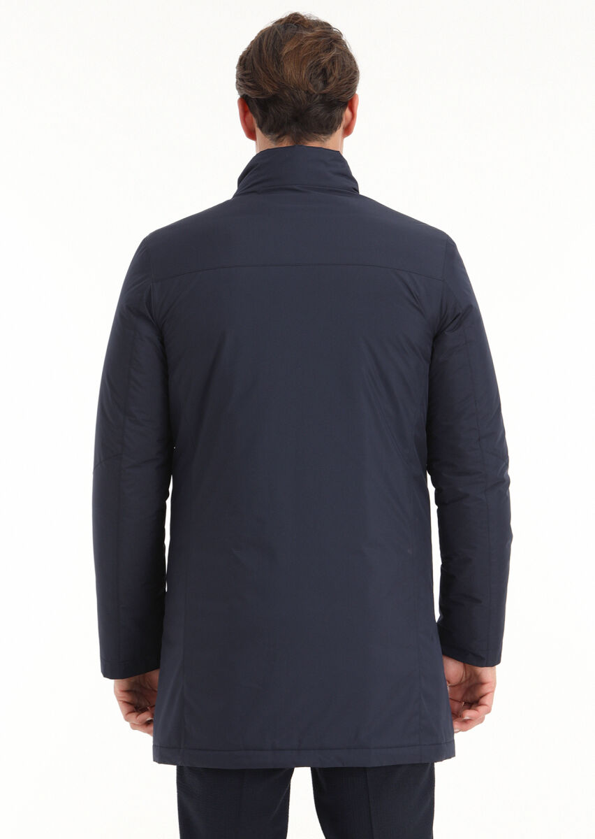 Navy Blue Regular Fit Turtleneck Casual Weaving Coat - 5