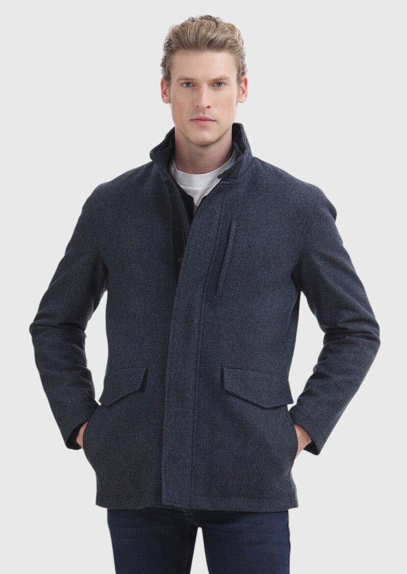 Navy Blue Regular Fit Turtleneck Casual Weaving Coat 