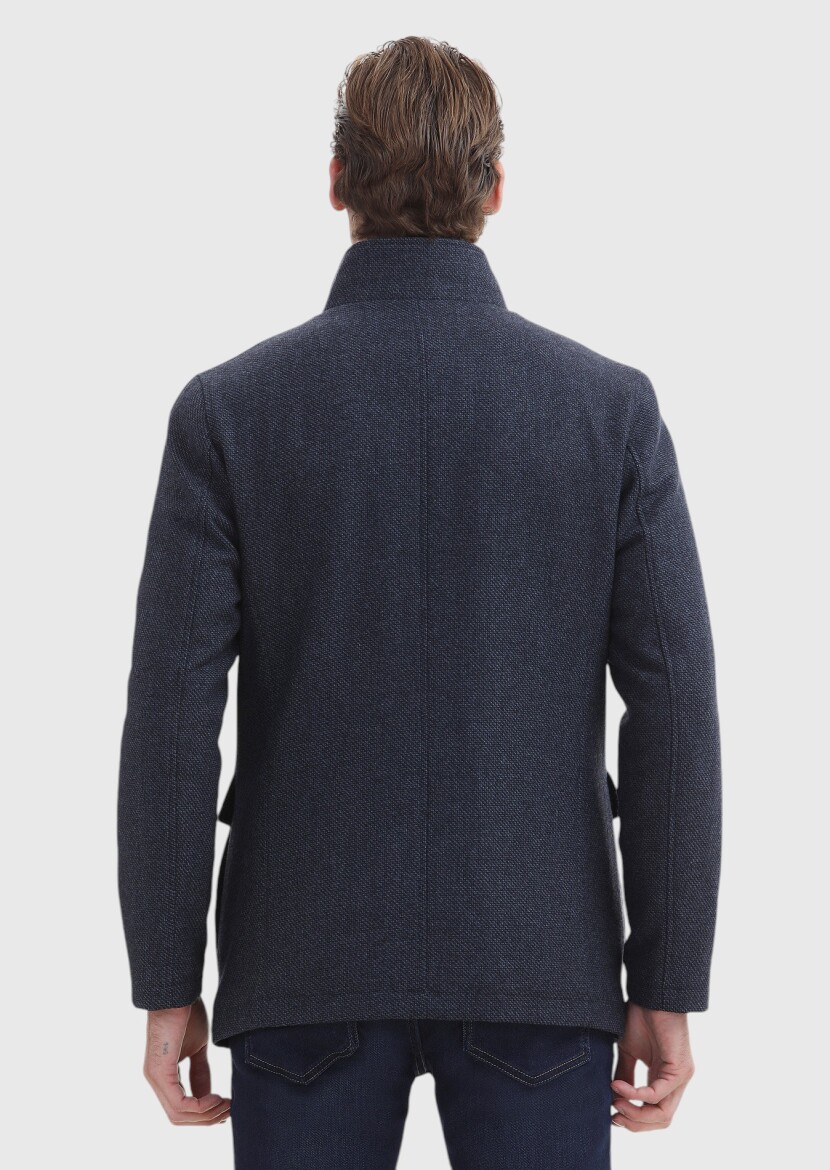 Navy Blue Regular Fit Turtleneck Casual Weaving Coat - 5