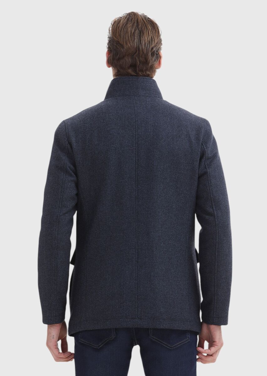 Navy Blue Regular Fit Turtleneck Casual Weaving Coat - 5