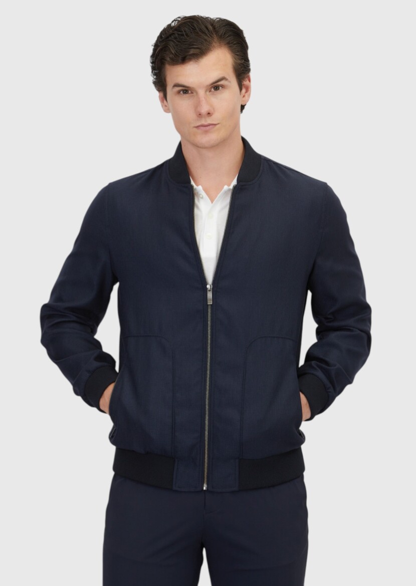 Navy Blue Regular Fit Turtleneck Casual Weaving Coat - 1