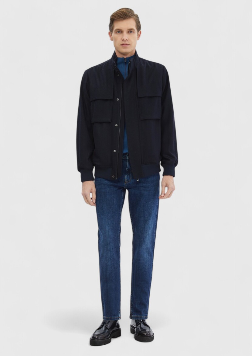 Navy Blue Regular Fit Turtleneck Casual Weaving Coat - 2