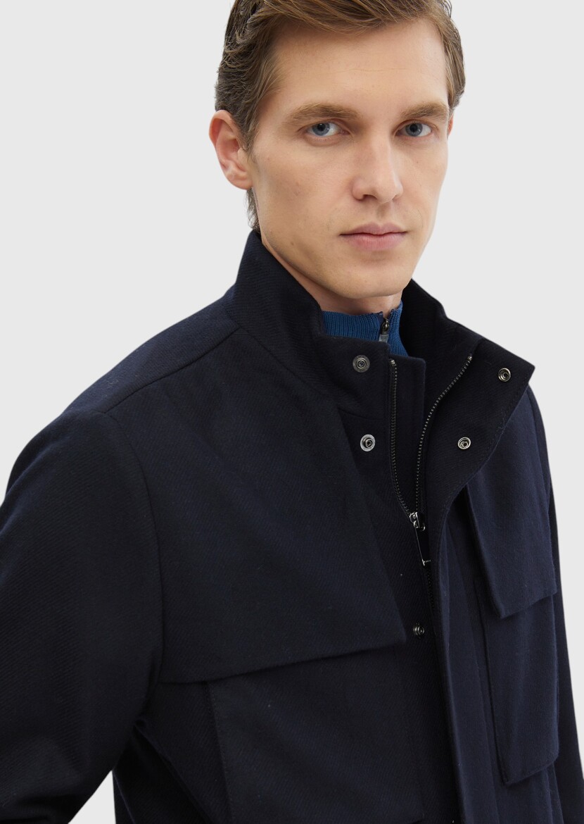 Navy Blue Regular Fit Turtleneck Casual Weaving Coat - 6