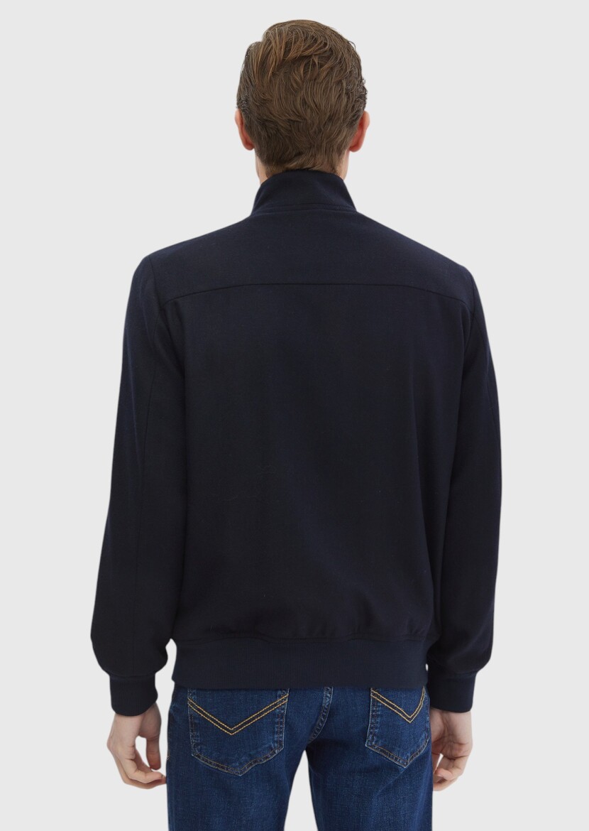 Navy Blue Regular Fit Turtleneck Casual Weaving Coat - 7