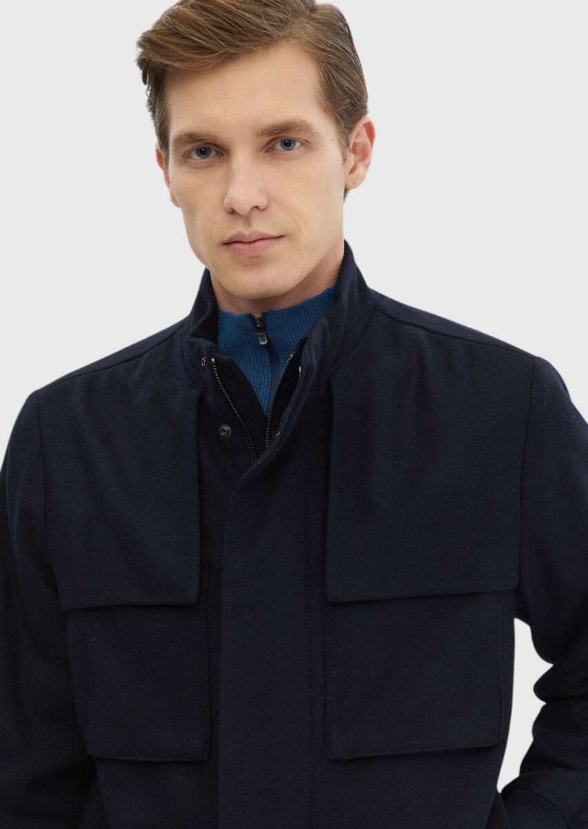 Navy Blue Regular Fit Turtleneck Casual Weaving Coat - 5