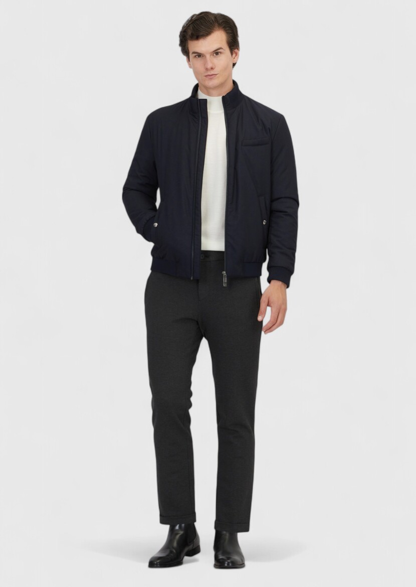 Navy Blue Regular Fit Turtleneck Casual Weaving Coat - 2