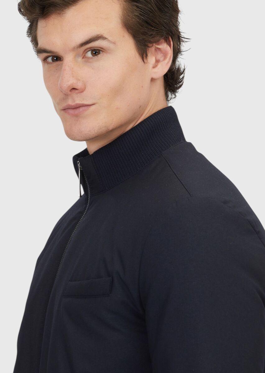 Navy Blue Regular Fit Turtleneck Casual Weaving Coat - 4