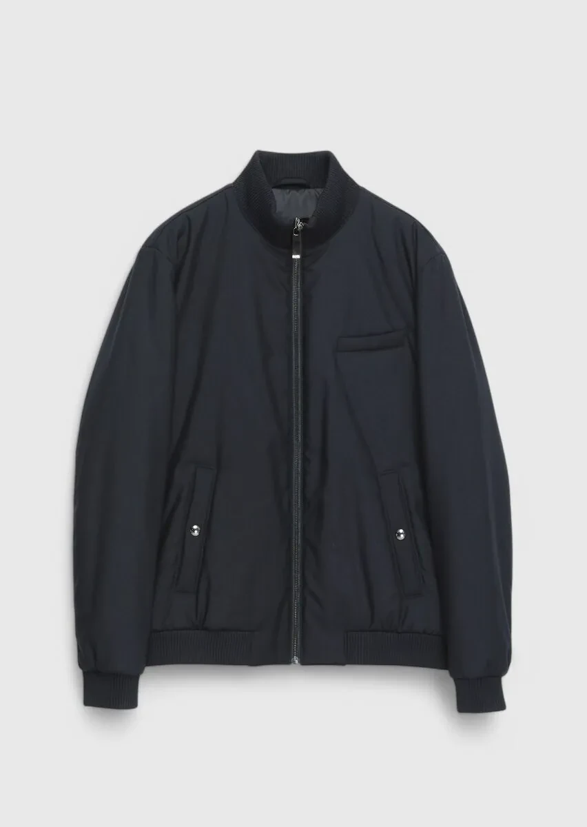Navy Blue Regular Fit Turtleneck Casual Weaving Coat - 1