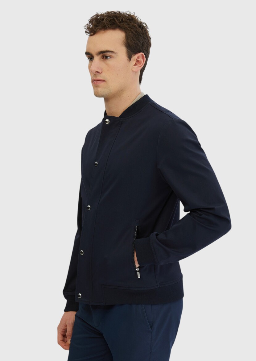 Navy Blue Regular Fit Turtleneck Casual Weaving Coat - 3