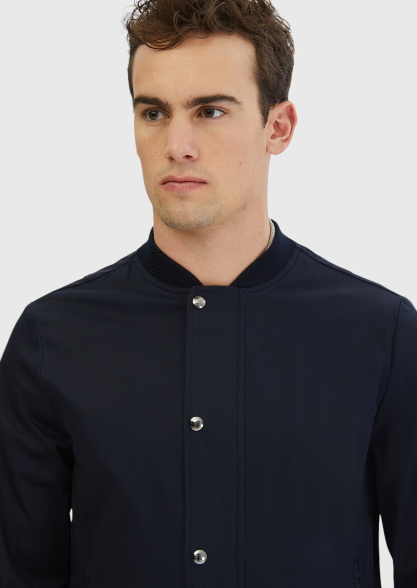 Navy Blue Regular Fit Turtleneck Casual Weaving Coat - 4