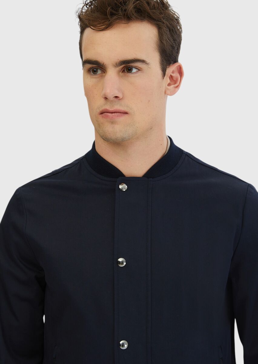 Navy Blue Regular Fit Turtleneck Casual Weaving Coat - 4