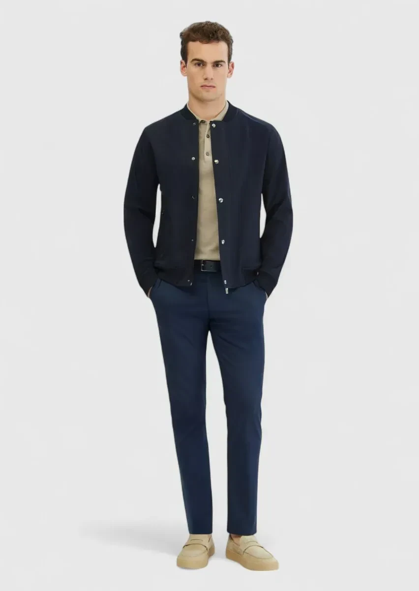 Navy Blue Regular Fit Turtleneck Casual Weaving Coat - 2