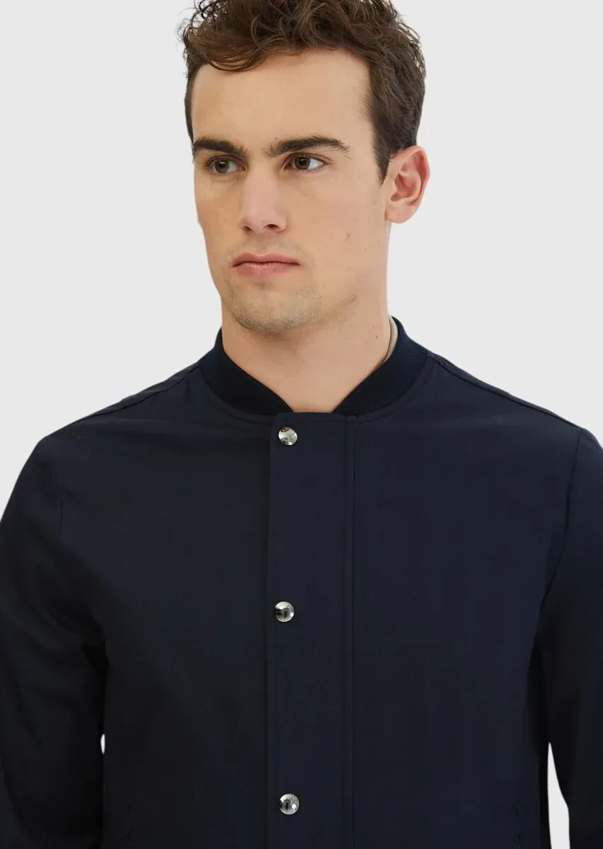 Navy Blue Regular Fit Turtleneck Casual Weaving Coat - 4