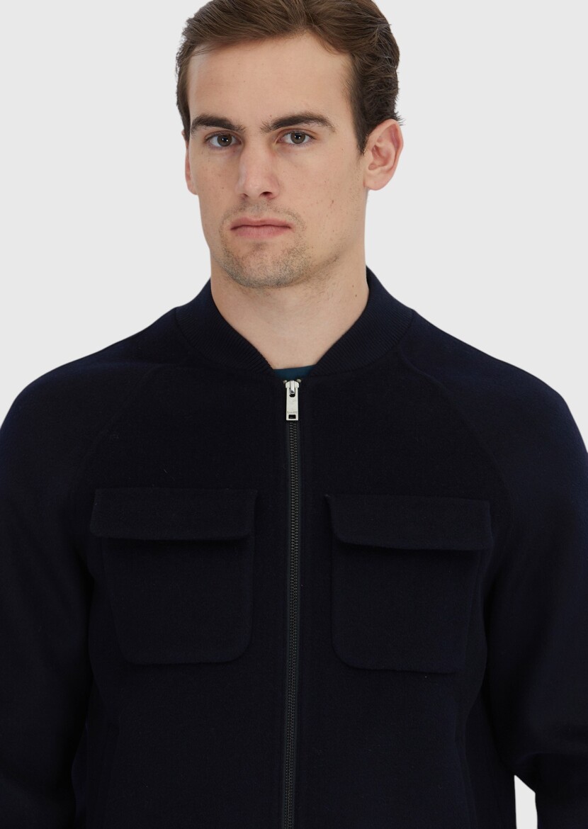 Navy Blue Regular Fit Turtleneck Casual Weaving Coat - 3