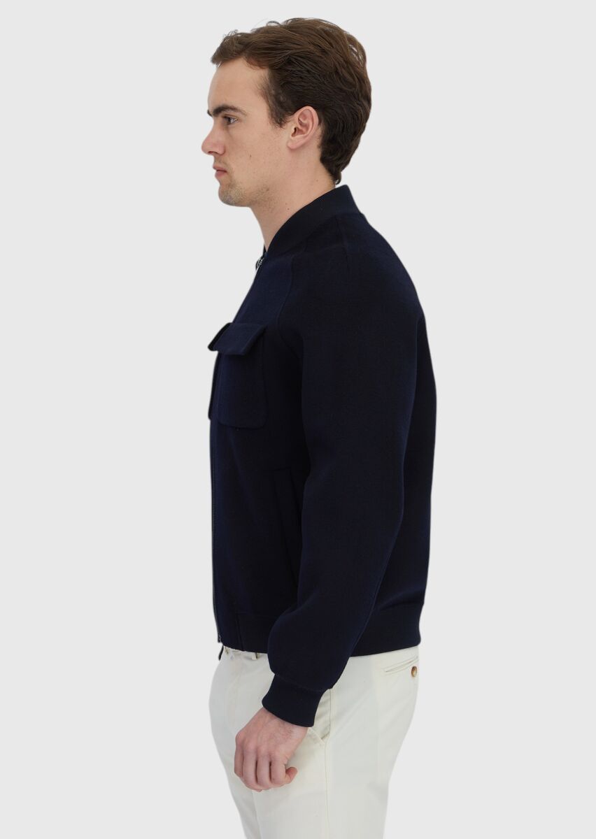 Navy Blue Regular Fit Turtleneck Casual Weaving Coat - 4