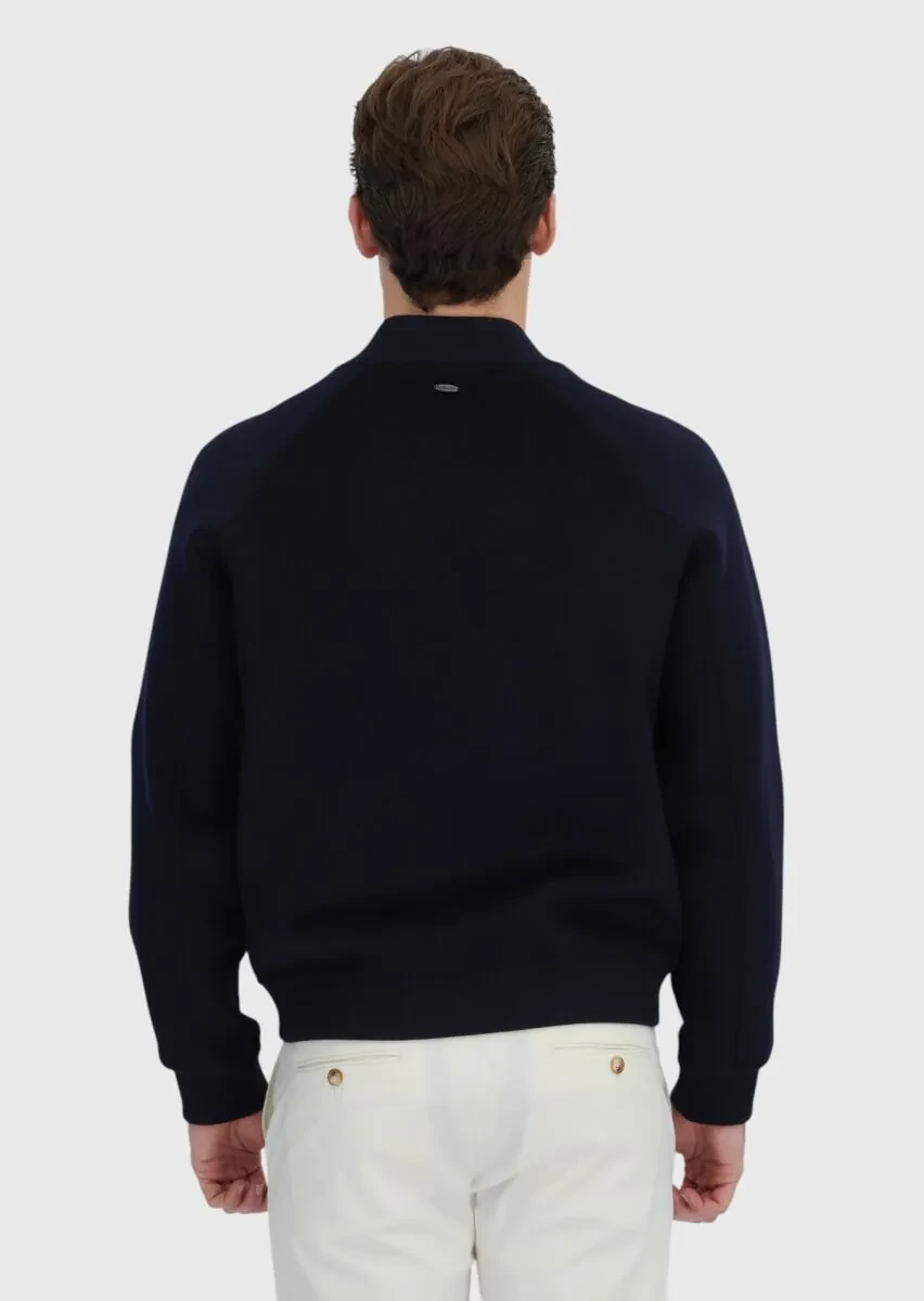 Navy Blue Regular Fit Turtleneck Casual Weaving Coat - 5