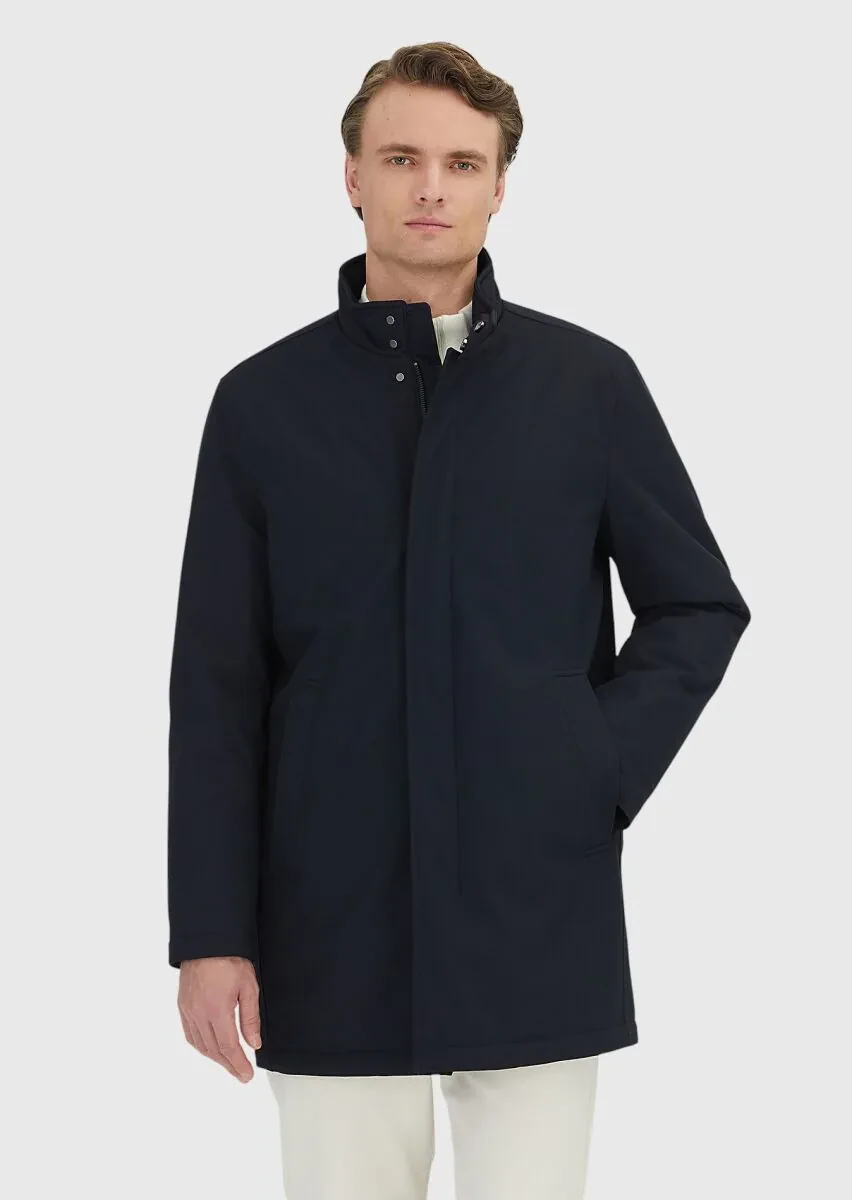 Navy Blue Regular Fit Turtleneck Casual Weaving Coat - 2