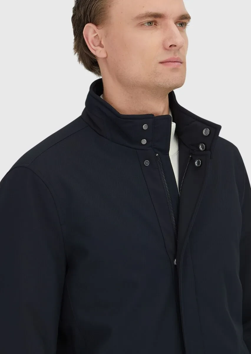 Navy Blue Regular Fit Turtleneck Casual Weaving Coat - 3