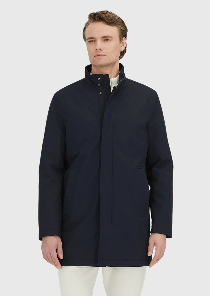Navy Blue Regular Fit Turtleneck Casual Weaving Coat - 4