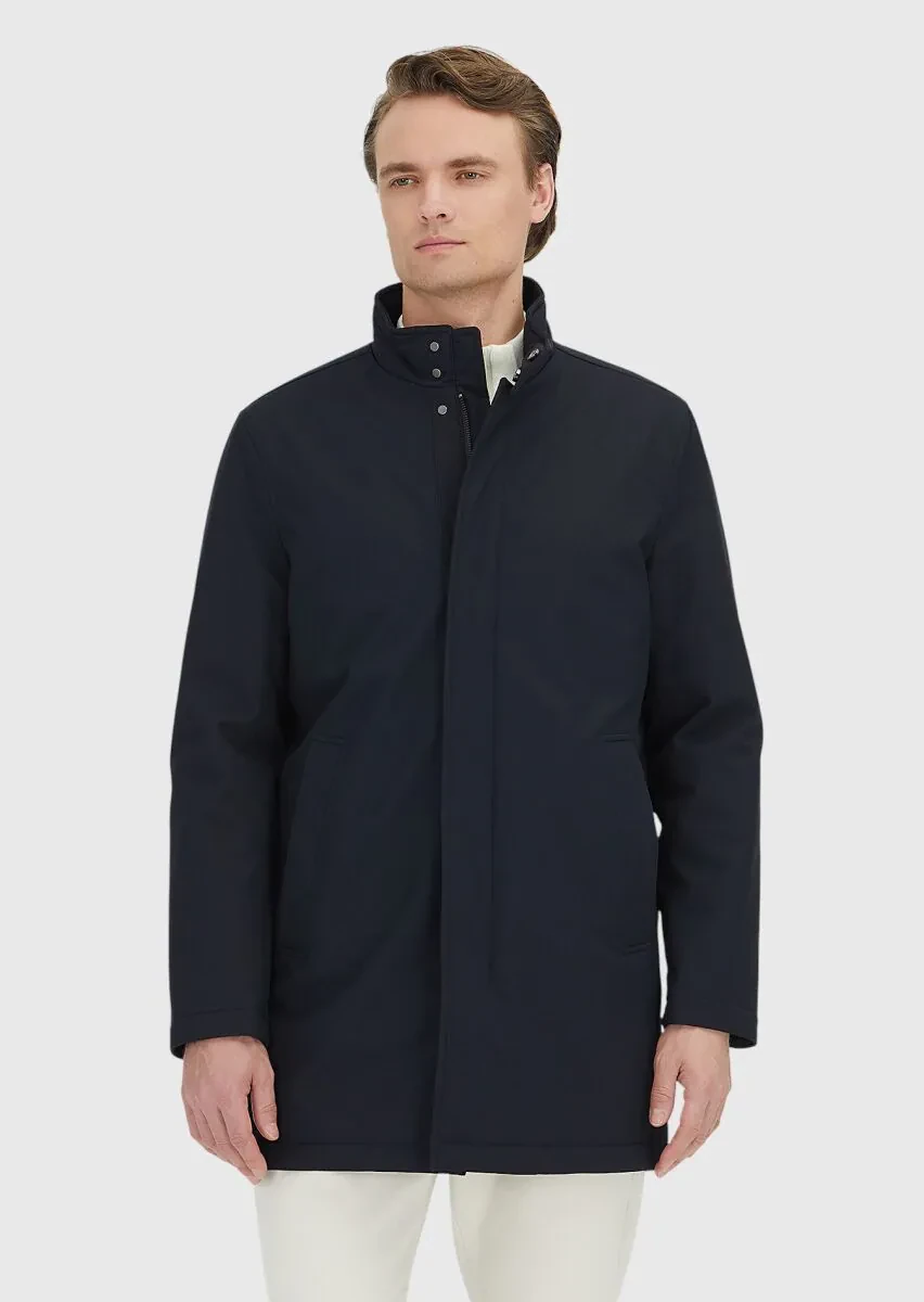 Navy Blue Regular Fit Turtleneck Casual Weaving Coat - 4