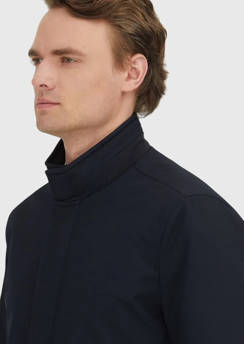 Navy Blue Regular Fit Turtleneck Casual Weaving Coat - 5