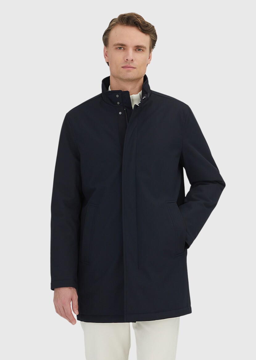 Navy Blue Regular Fit Turtleneck Casual Weaving Coat - RAMSEY