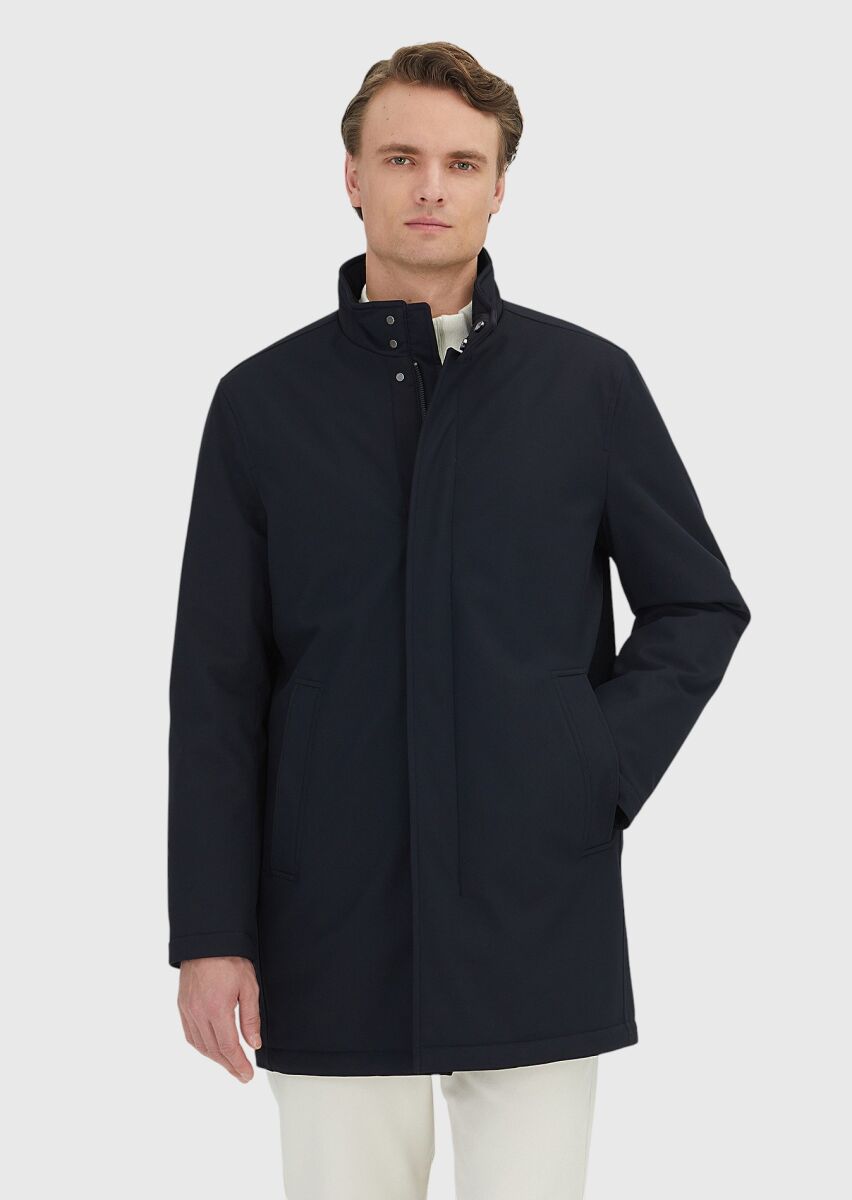 Navy Blue Regular Fit Turtleneck Casual Weaving Coat - 2