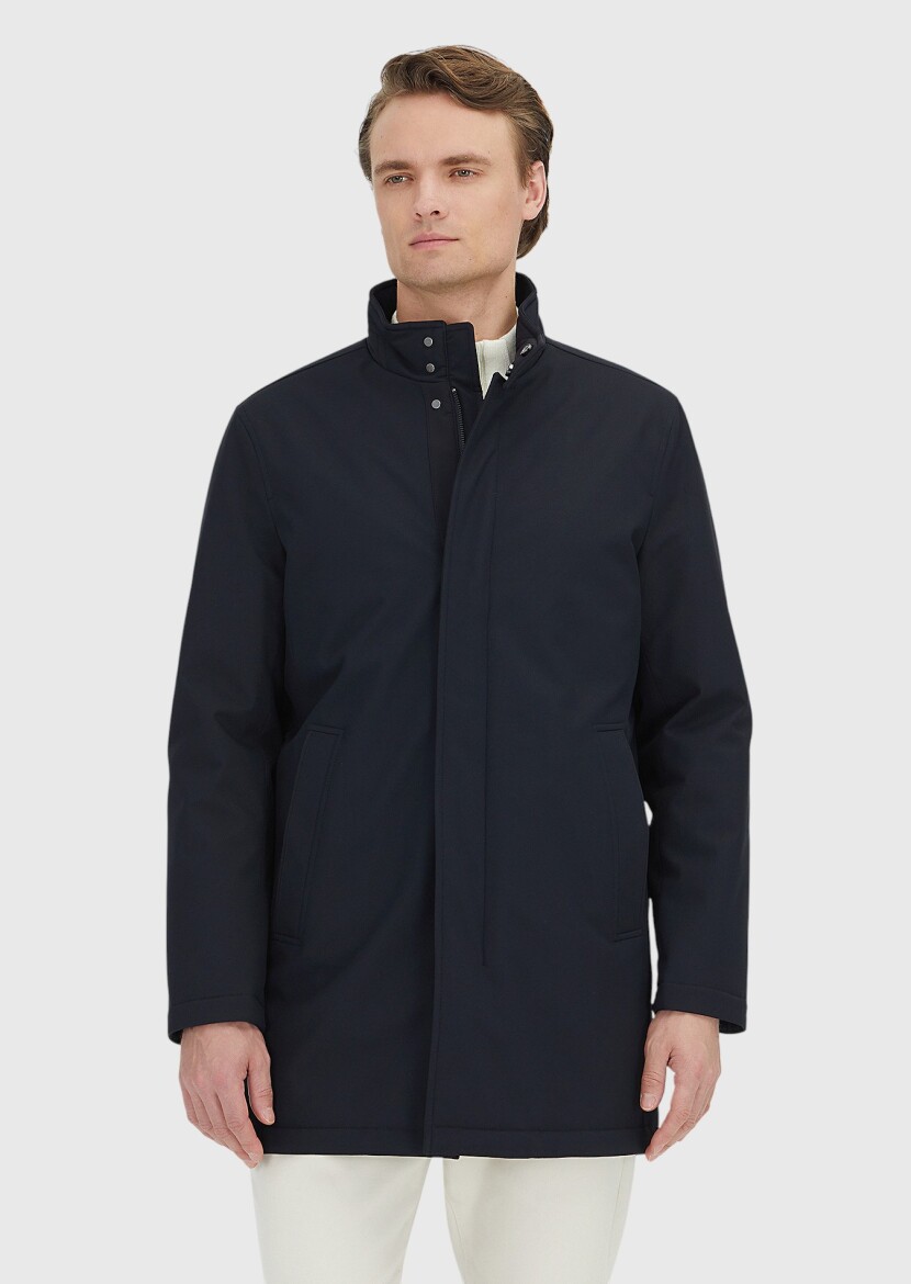 Navy Blue Regular Fit Turtleneck Casual Weaving Coat - 4