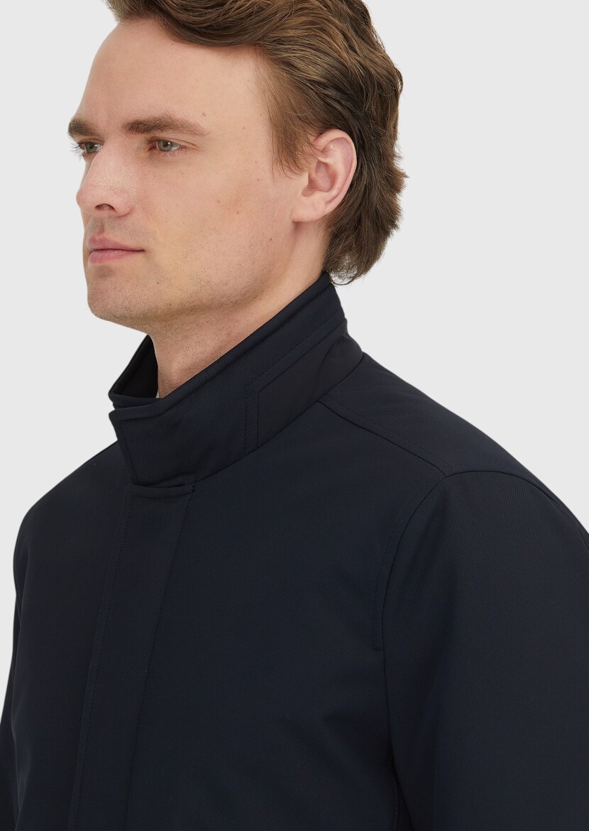 Navy Blue Regular Fit Turtleneck Casual Weaving Coat - 5