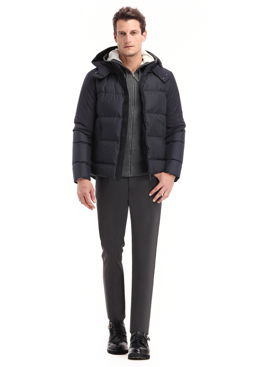 Navy Blue Regular Fit Turtleneck Casual Weaving Puffer Coat 