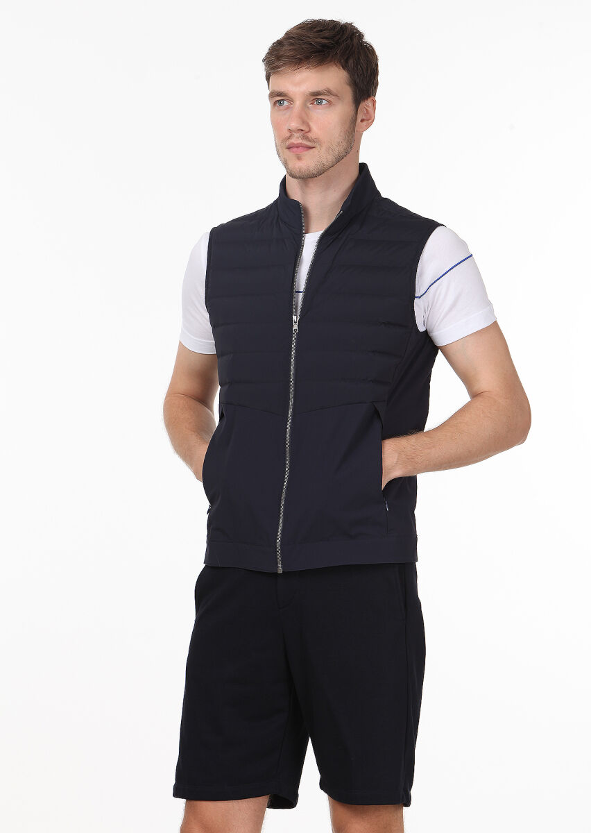 Navy Blue Regular Fit Turtleneck Casual Weaving Puffer Vest - 1