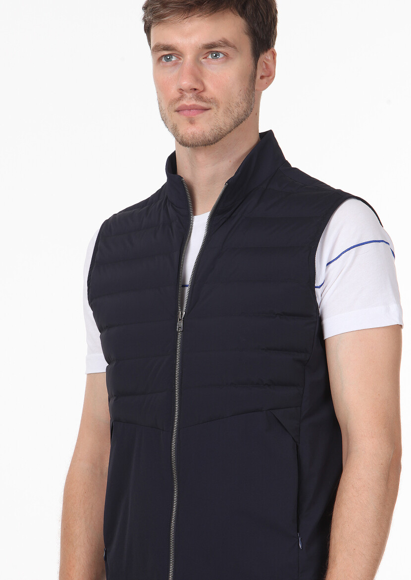 Navy Blue Regular Fit Turtleneck Casual Weaving Puffer Vest - 2
