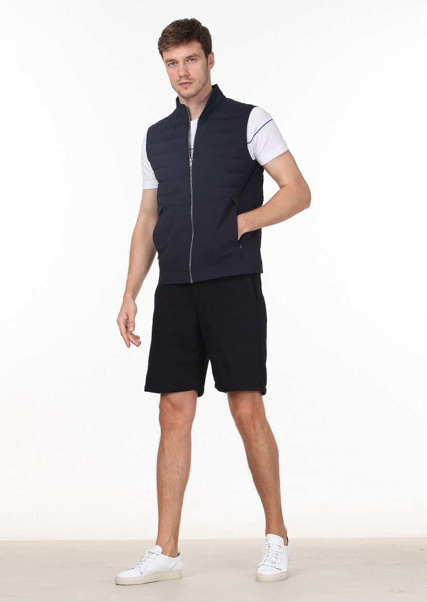 Navy Blue Regular Fit Turtleneck Casual Weaving Puffer Vest - 3