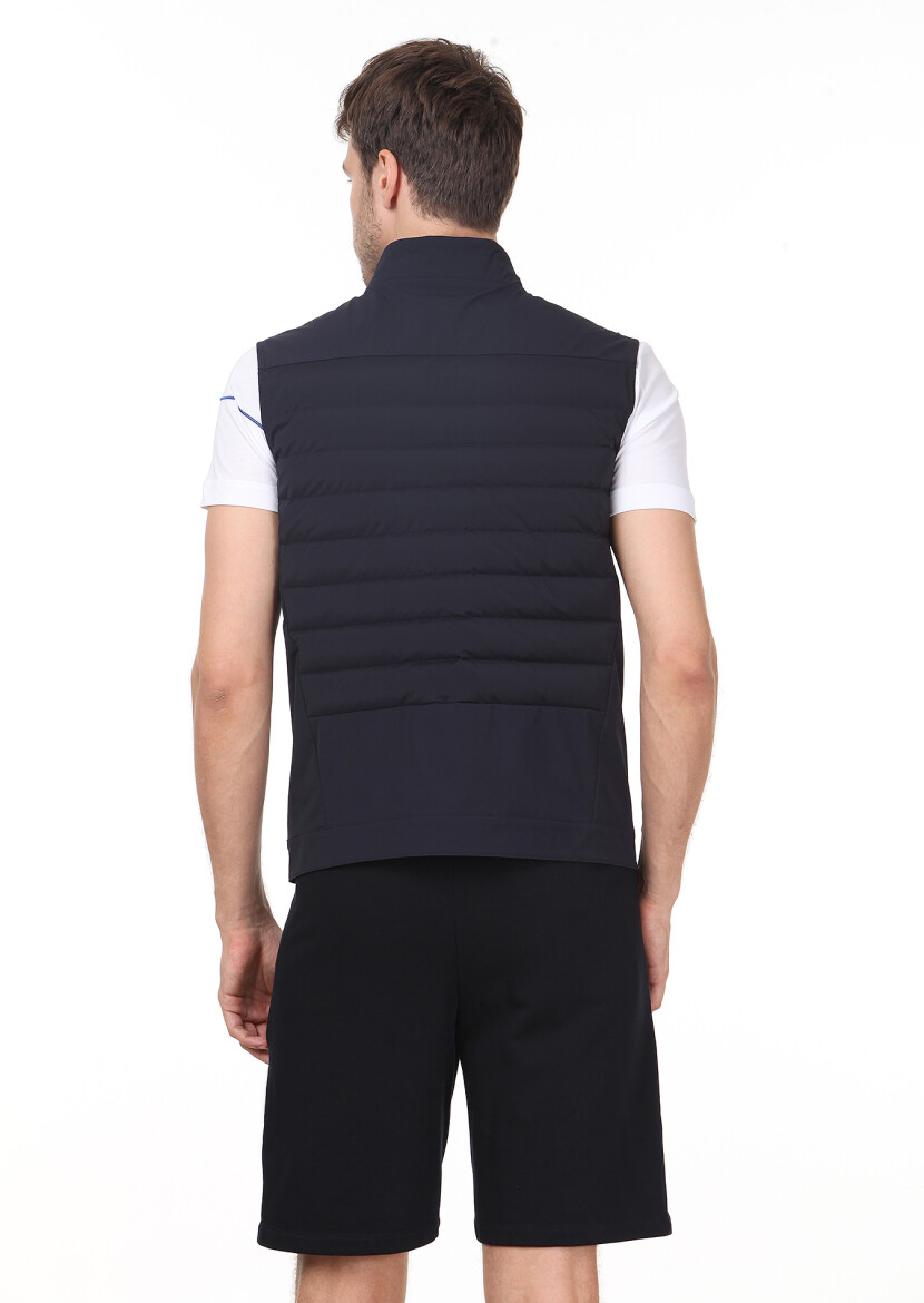Navy Blue Regular Fit Turtleneck Casual Weaving Puffer Vest - 4