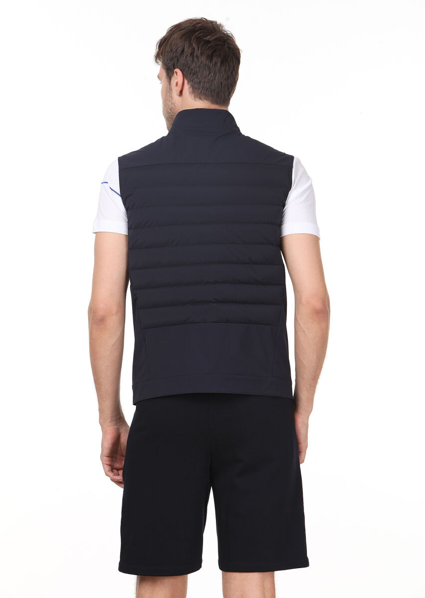 Navy Blue Regular Fit Turtleneck Casual Weaving Puffer Vest - 4