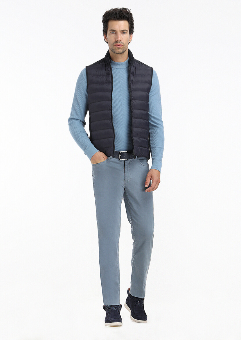 Navy Blue Regular Fit Turtleneck Casual Weaving Puffer Vest - 1