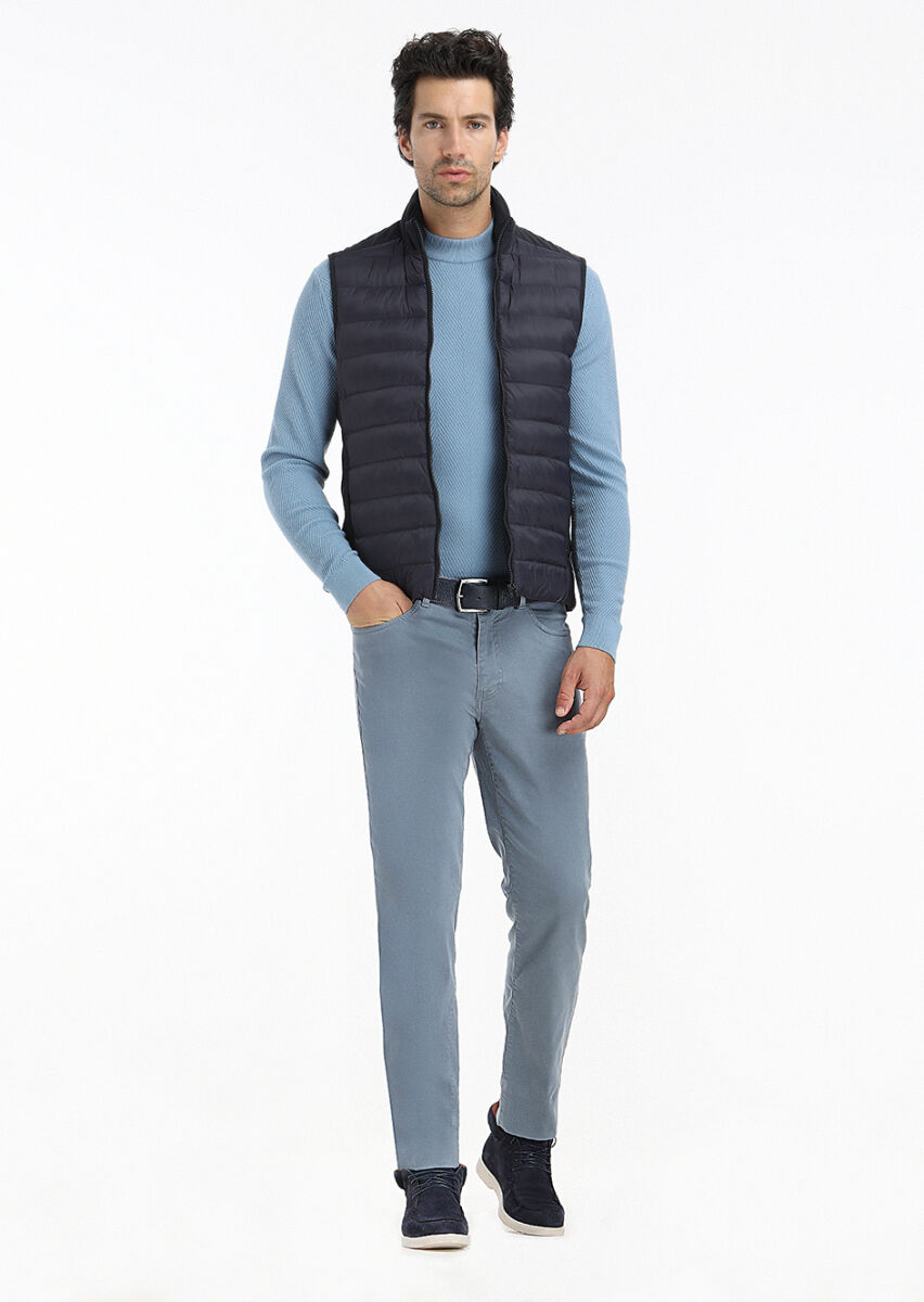 Navy Blue Regular Fit Turtleneck Casual Weaving Puffer Vest - 1