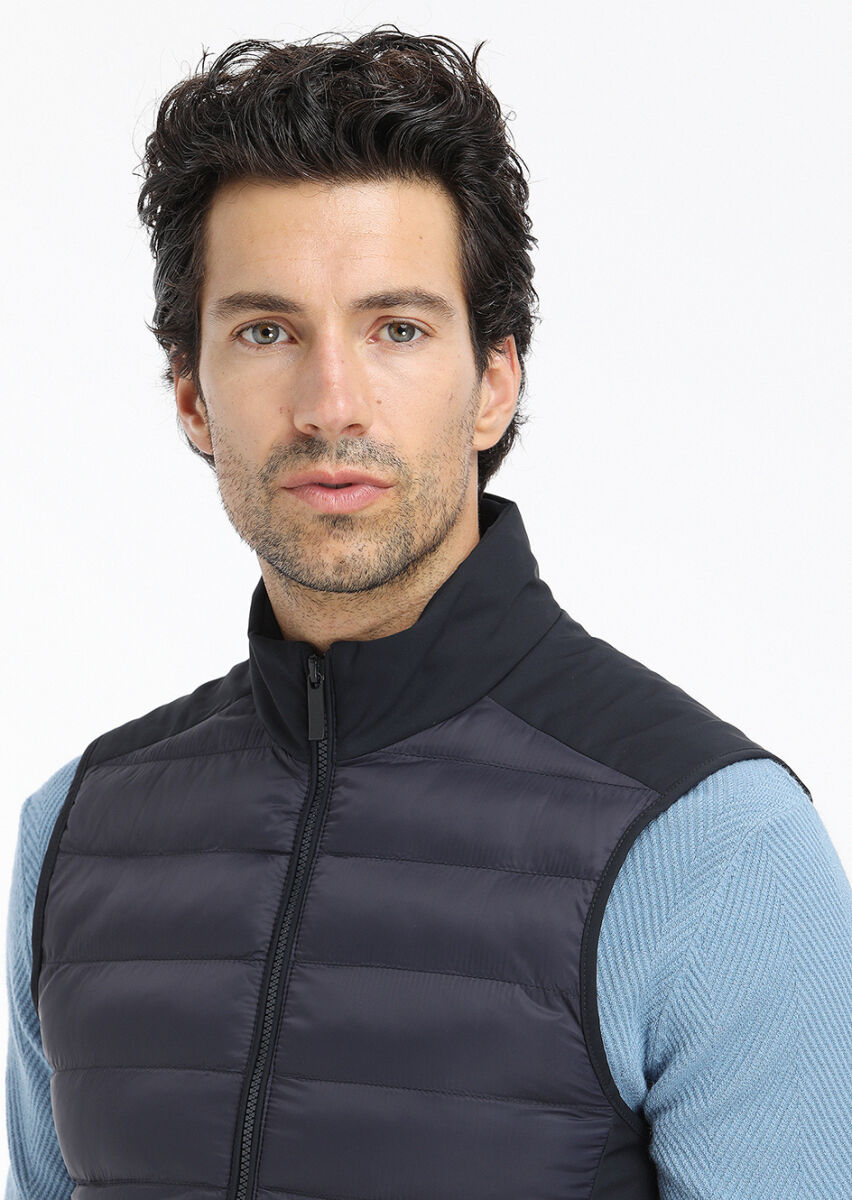 Navy Blue Regular Fit Turtleneck Casual Weaving Puffer Vest - 2
