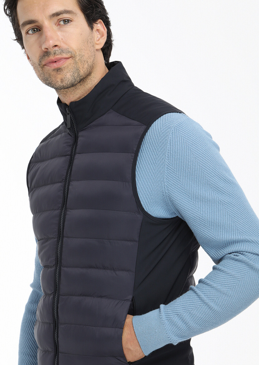 Navy Blue Regular Fit Turtleneck Casual Weaving Puffer Vest - 4