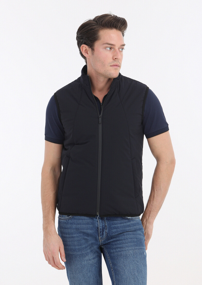 Navy Blue Regular Fit Turtleneck Casual Weaving Puffer Vest 