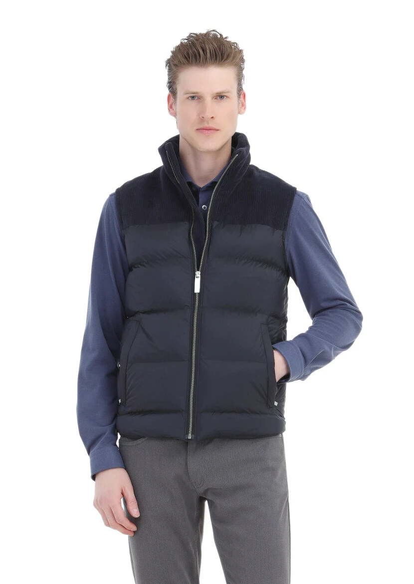 Navy Blue Regular Fit Turtleneck Casual Weaving Puffer Vest - RAMSEY