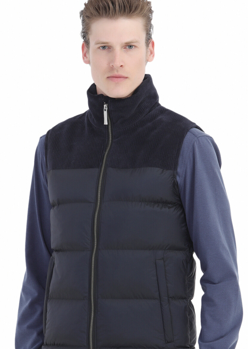 Navy Blue Regular Fit Turtleneck Casual Weaving Puffer Vest - 4