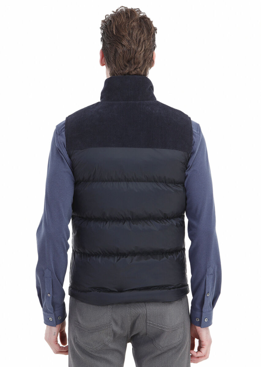 Navy Blue Regular Fit Turtleneck Casual Weaving Puffer Vest - 5