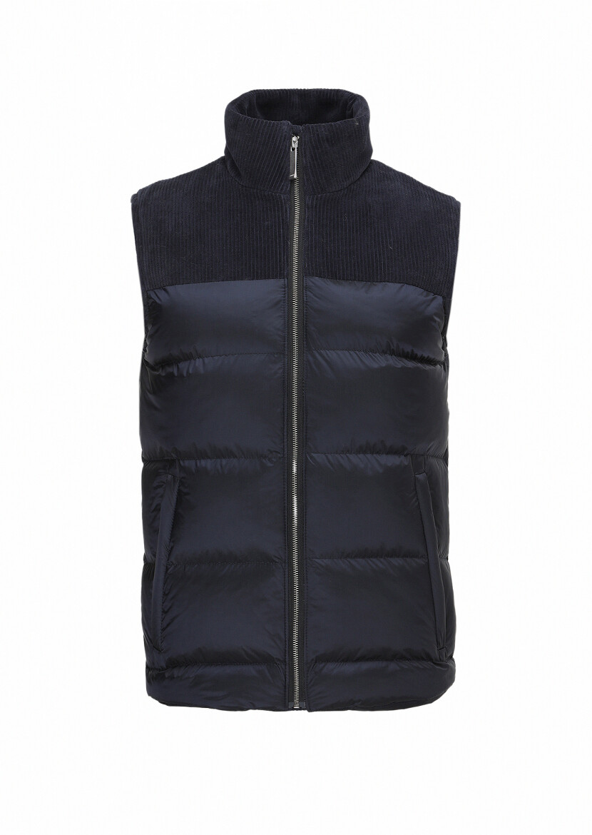 Navy Blue Regular Fit Turtleneck Casual Weaving Puffer Vest - 6